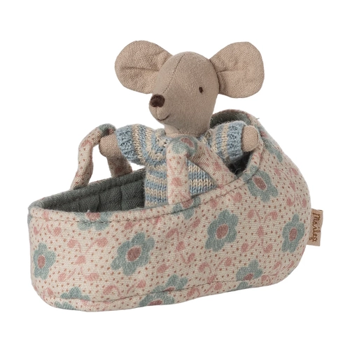 Maileg Baby Mouse in Carry Cot Blue